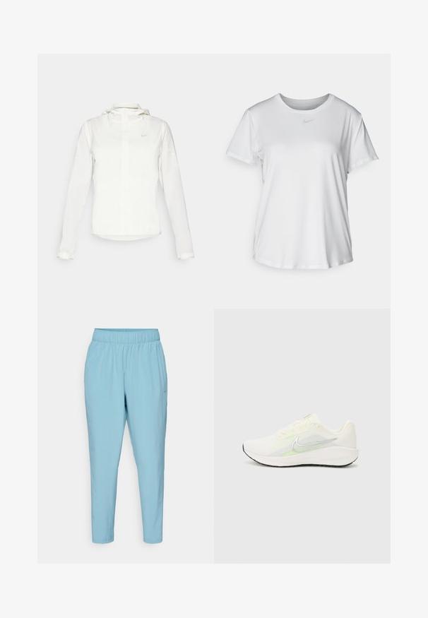 White Nike jacket with a hood, full zip, elastic cuffs, and a subtle logo on the chest. Smooth texture and lightweight design.; White short-sleeve T-shirt made of smooth fabric, featuring a round neckline and a small grey Nike logo on the chest.; Blue, lightweight athletic pants with an elastic waistband, tapered legs, and a small logo on the lower left side.; Nike Performance DOWNSHIFTER 13 - Road running shoes - sail/silver-coloured photon dust/summit white/barely volt/black