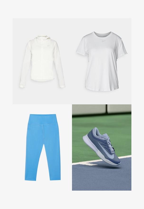 Valge Nike jakker, millel on kapuuts, täispikk tõmblukk, elastsed mansetid ja diskreetne logo rinnal. Sile tekstuur ja kerge disain.; Valge lühikeste varrukatega T-särk, mis on valmistatud siledast kangast, ümarate kaelustega ning mille rinnal on väike hall Nike logo.; Sinised venitusretuusid kõrge vöökohaga, sileda tekstuuriga, pahkluu pikkuses ja peente õmblusdetailidega külgedel.; Spordijalatsid helesinises ja tumesinises värvitoonis, millel on tekstuuriga pealis, lame nööridega ja kerge valge tallaga. Üles tõstetud väljakupinna kohal.