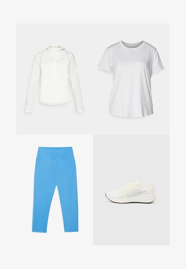 Weiße Nike-Jacke mit Kapuze, durchgehendem Reißverschluss, elastischen Bündchen und einem dezenten Logo auf der Brust. Glatte Textur und leichtes Design.; Weißes T-Shirt mit kurzen Ärmeln aus glattem Stoff, Rundhalsausschnitt und einem kleinen grauen Nike-Logo auf der Brust.; Blaue dehnbare Leggings mit hoher Taille, glatter Textur, Knöchellänge und subtilen Nähdetails an den Seiten.; Nike Performance DOWNSHIFTER 13 - Laufschuh Straße - sail/silver-coloured photon dust/summit white/barely volt/black