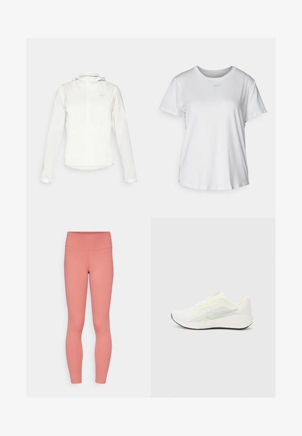 Jachetă albă Nike cu glugă, fermoar pe toată lungimea, manșete elastice și un logo subtil pe piept. Textură netedă și design ușor.; Tricou alb cu mânecă scurtă, confecționat dintr-un material neted, având guler rotund și un mic logo Nike gri pe piept.; Colanți roz elasticizați cu talie înaltă, textură netedă și cusături minime. Prezintă un mic logo Nike aproape de gleznă.; Nike Performance DOWNSHIFTER 13 - Pantofi de alergare pe asfalt - sail/silver-coloured photon dust/summit white/barely volt/black