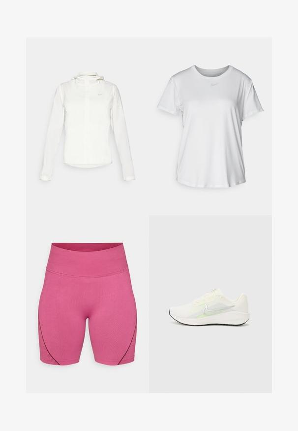Fehér Nike dzseki kapucnival, teljes cipzárral, rugalmas mandzsettákkal és egy diszkrét logóval a mellkason. Sima textúrájú és könnyű kialakítású.; Fehér, rövid ujjú póló sima anyagból, kerek nyakkivágással és egy kis szürke Nike logóval a mellkason.; Rózsaszín sportnadrág, rugalmas anyagból készült, magas derékkal és finom bordázott felülettel, kontrasztos sötét varrásokkal az oldalán.; Nike Performance DOWNSHIFTER 13 - Utcai futócipők - sail/silver-coloured photon dust/summit white/barely volt/black
