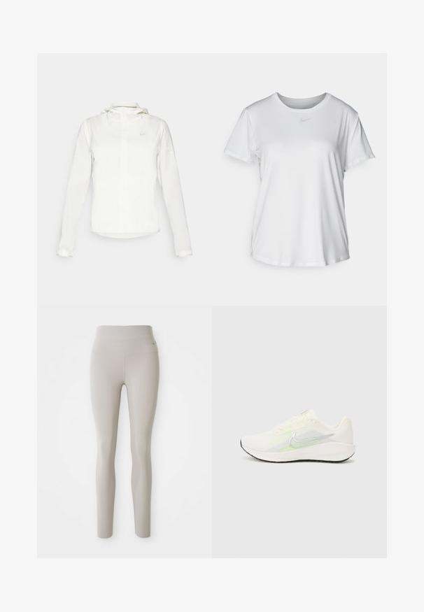 Hvit Nike-jakke med hette, hel glidelås, elastiske mansjetter og en diskret logo på brystet. Glatt tekstur og lett design.; Hvit kortermet T-skjorte laget av glatt stoff, med rund halsringning og en liten grå Nike-logo på brystet.; Beige høyt liv leggings laget av elastisk stoff, med en formtilpasset design og jevn tekstur, med en liten logo på livet.; Nike Performance DOWNSHIFTER 13 - Løpesko for vei - sail/silver-coloured photon dust/summit white/barely volt/black
