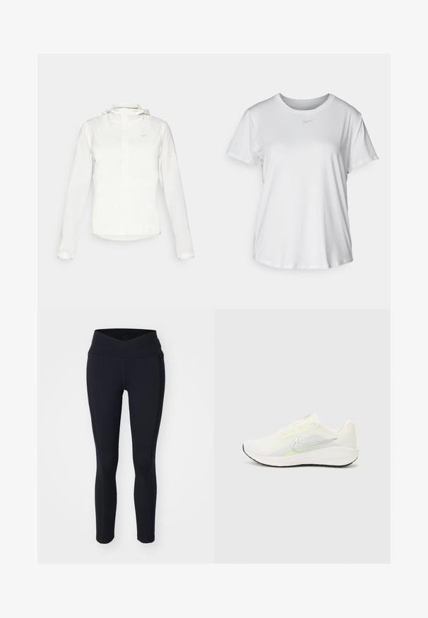 Veste blanche Nike avec capuche, fermeture éclair intégrale, poignets élastiques et un logo discret sur la poitrine. Texture lisse et design léger.; T-shirt blanc à manches courtes en tissu lisse, avec un col rond et un petit logo Nike gris sur la poitrine.; Leggings noires avec une taille haute croisée. Fabriquées en tissu extensible avec des détails de couture subtils. Design près du corps.; Nike Performance DOWNSHIFTER 13 - Chaussures de running sur route - sail/silver-coloured photon dust/summit white/barely volt/black