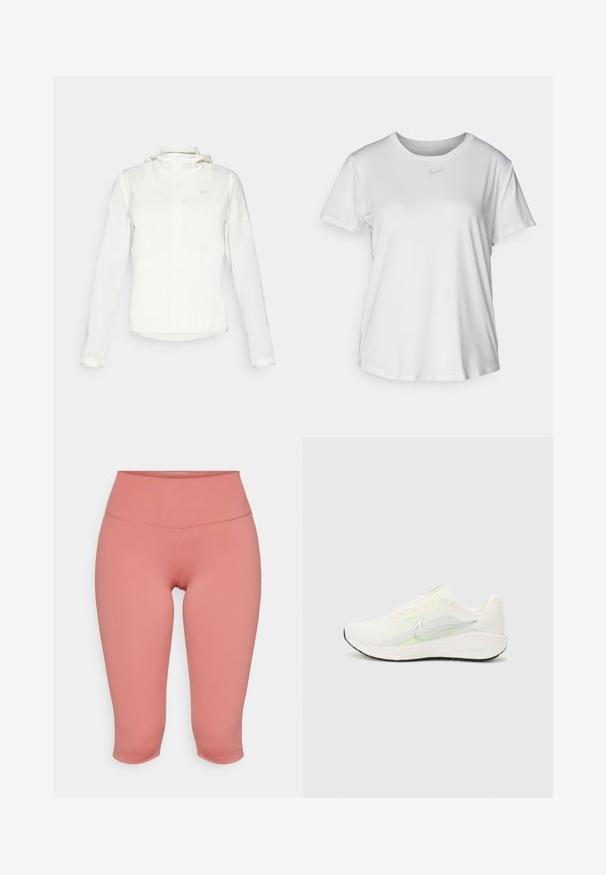Bela Nike jakna s kapuco, polno zadrgo, elastičnimi manšetami in diskretnim logotipom na prsih. Gladka tekstura in lahko oblikovanje.; Bela kratka majica s kratkimi rokavi, izdelana iz gladkega blaga, z okroglim izrezom in majhnim sivim logotipom Nike na prsih.; Praškasti rožnati capri legingi z visokim pasom. Narejeni iz raztegljive tkanine, imajo ravne šive in gladko teksturo.; Nike Performance DOWNSHIFTER 13 - Tekaški copati za cesto - sail/silver-coloured photon dust/summit white/barely volt/black
