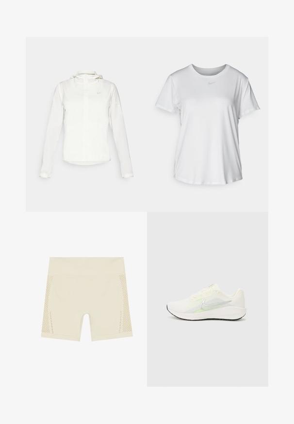 White Nike jacket with a hood, full zip, elastic cuffs, and a subtle logo on the chest. Smooth texture and lightweight design.; White short-sleeve T-shirt made of smooth fabric, featuring a round neckline and a small grey Nike logo on the chest.; High-waisted cycling shorts in light beige. Made of smooth fabric with mesh side panels featuring small cutouts for breathability.; Nike Performance DOWNSHIFTER 13 - Road running shoes - sail/silver-coloured photon dust/summit white/barely volt/black