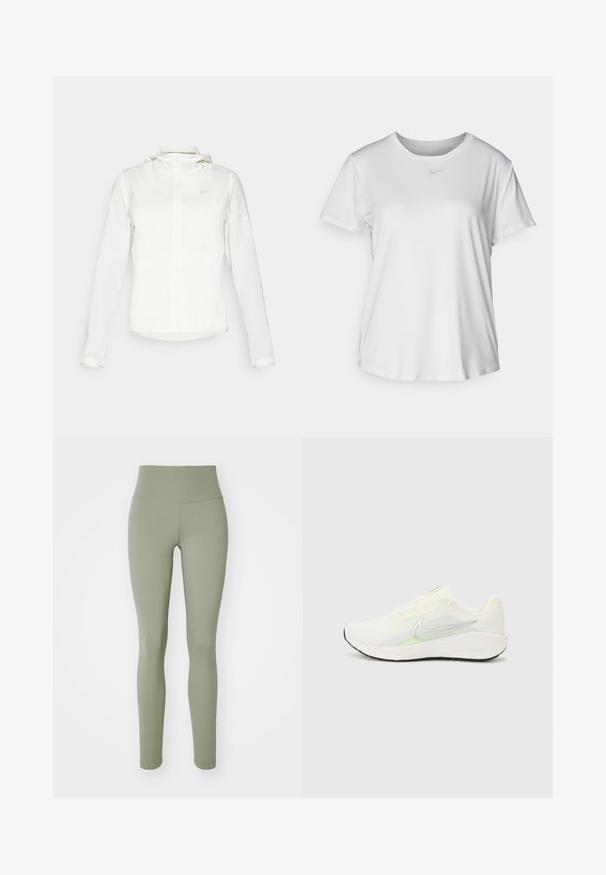 Veste blanche Nike avec capuche, fermeture éclair intégrale, poignets élastiques et un logo discret sur la poitrine. Texture lisse et design léger.; T-shirt blanc à manches courtes en tissu lisse, avec un col rond et un petit logo Nike gris sur la poitrine.; Leggings vert olive avec une taille haute, texture lisse et design ajusté. Comprend des coutures sans couture et aucun matériel visible.; Nike Performance DOWNSHIFTER 13 - Chaussures de running sur route - sail/silver-coloured photon dust/summit white/barely volt/black