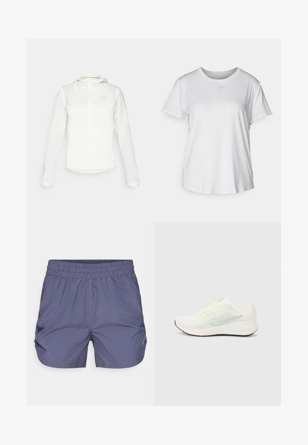Fehér Nike dzseki kapucnival, teljes cipzárral, rugalmas mandzsettákkal és egy diszkrét logóval a mellkason. Sima textúrájú és könnyű kialakítású.; Fehér, rövid ujjú póló sima anyagból, kerek nyakkivágással és egy kis szürke Nike logóval a mellkason.; Férfi sportos rövidnadrág sötétkék színben, texturált anyagból készült, függőleges csíkokkal, rugalmas derékpánttal és oldalsó zsebekkel.; Nike Performance DOWNSHIFTER 13 - Utcai futócipők - sail/silver-coloured photon dust/summit white/barely volt/black