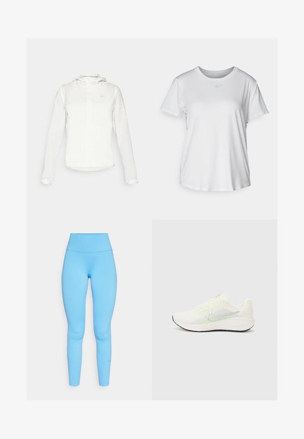Giacca Nike bianca con cappuccio, zip completa, polsini elasticizzati e un logo discreto sul petto. Texture liscia e design leggero.; T-shirt bianco a maniche corte realizzato in tessuto liscio, con scollatura tonda e un piccolo logo grigio Nike sul petto.; Leggings blu a vita alta realizzati in materiale elastico, caratterizzati da una texture liscia e un design aderente. Logo Nike discreto vicino alla caviglia.; Nike Performance DOWNSHIFTER 13 - Scarpe da corsa su strada - sail/silver-coloured photon dust/summit white/barely volt/black