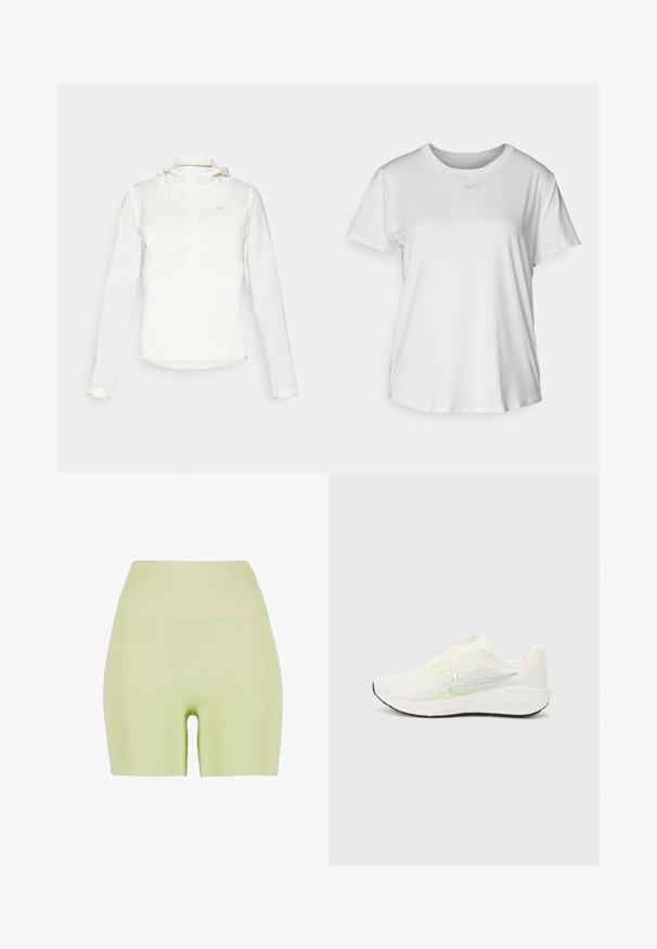 Biela Nike bunda s kapucňou, plným zipsom, elastickými manžetami a jemným logom na hrudi. Hladká textúra a ľahký dizajn.; Biela krátkosrstá tričko s hladkým materiálom, so zaobleným výstrihom a malým šedým logom Nike na hrudi.; Vysoké šortky v svetlozelenej farbe vyrobené z elastického materiálu. Hladká textúra; priliehavý strih s okrúhlym výrezom na dolnej časti chrbta.; Nike Performance DOWNSHIFTER 13 - Cestná bežecká obuv - sail/silver-coloured photon dust/summit white/barely volt/black