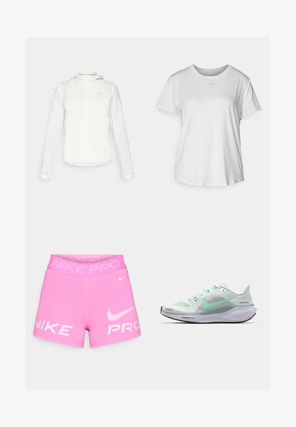 Witte Nike-jack met een capuchon, volledige rits, elastische manchetten en een subtiele logo op de borst. Gladde textuur en lichtgewicht ontwerp.; Witte T-shirt met korte mouwen van gladde stof, met een ronde halslijn en een klein grijs Nike-logo op de borst.; Nike Pro roze sportshorts met een hoge elastische tailleband, witte logo-tekst en glad, rekbaar materiaal.; Lichte hardloopschoen met een ademend mesh bovenwerk in wit en mintgroen. Beschikt over TPU-accenten, een gevoerde zool en een gestructureerde buitenzool.