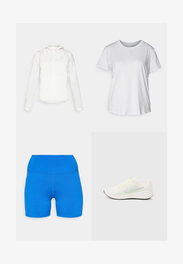 Biała kurtka Nike z kapturem, na zamek błyskawiczny, elastyczne mankiety i subtelne logo na piersi. Gładka tekstura i lekka konstrukcja.; Biała koszulka z krótkim rękawem, uszyta z gładkiego materiału, z okrągłym dekoltem i małym szarym logo Nike na piersi.; Niebieskie szorty sportowe wykonane z elastycznego, oddychającego materiału. Posiadają wysoki stan i bezszwowy krój, idealne dla komfortu i swobody ruchów.; Nike Performance DOWNSHIFTER 13 biały