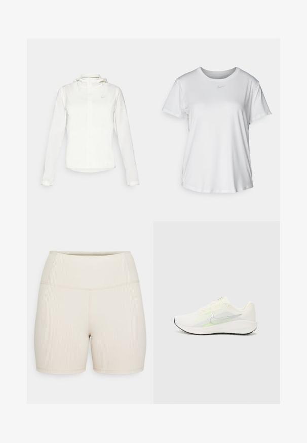 Witte Nike-jack met een capuchon, volledige rits, elastische manchetten en een subtiele logo op de borst. Gladde textuur en lichtgewicht ontwerp.; Witte T-shirt met korte mouwen van gladde stof, met een ronde halslijn en een klein grijs Nike-logo op de borst.; Beige geribbelde shorts met een hoge tailleband. Gladde textuur, getailleerd ontwerp en een lengte tot midden boven de knie. Geen zichtbare hardware of patronen.; Nike Performance DOWNSHIFTER 13 - Hardloopschoenen voor op de weg - sail/silver-coloured photon dust/summit white/barely volt/black