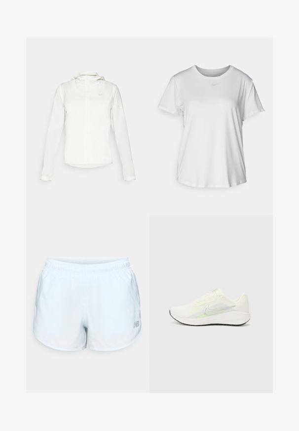 Biela Nike bunda s kapucňou, plným zipsom, elastickými manžetami a jemným logom na hrudi. Hladká textúra a ľahký dizajn.; Biela krátkosrstá tričko s hladkým materiálom, so zaobleným výstrihom a malým šedým logom Nike na hrudi.; Svetlo modré športové šortky s elastickým pásom, zakriveným lemom, strieborným logom na dolnej pravej strane, vyrobené z ľahkej tkaniny.; Nike Performance DOWNSHIFTER 13 - Cestná bežecká obuv - sail/silver-coloured photon dust/summit white/barely volt/black