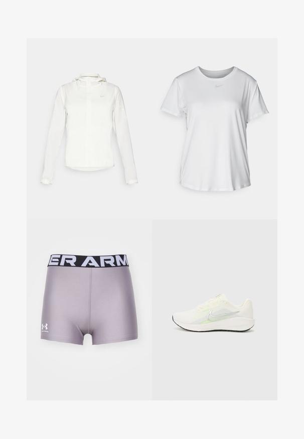 Chaqueta blanca de Nike con capucha, cremallera completa, puños elásticos y un logo sutil en el pecho. Textura suave y diseño ligero.; Camiseta blanca de manga corta hecha de tejido suave, con un escote redondo y un pequeño logo de Nike gris en el pecho.; Pantalones cortos atléticos grises con una cintura de "UNDER ARMOUR" en blanco y negro. Hechos de una tela suave, con un corte corto y un logotipo en el lateral.; Nike Performance DOWNSHIFTER 13 - Zapatillas running asfalto - sail/silver-coloured photon dust/summit white/barely volt/black