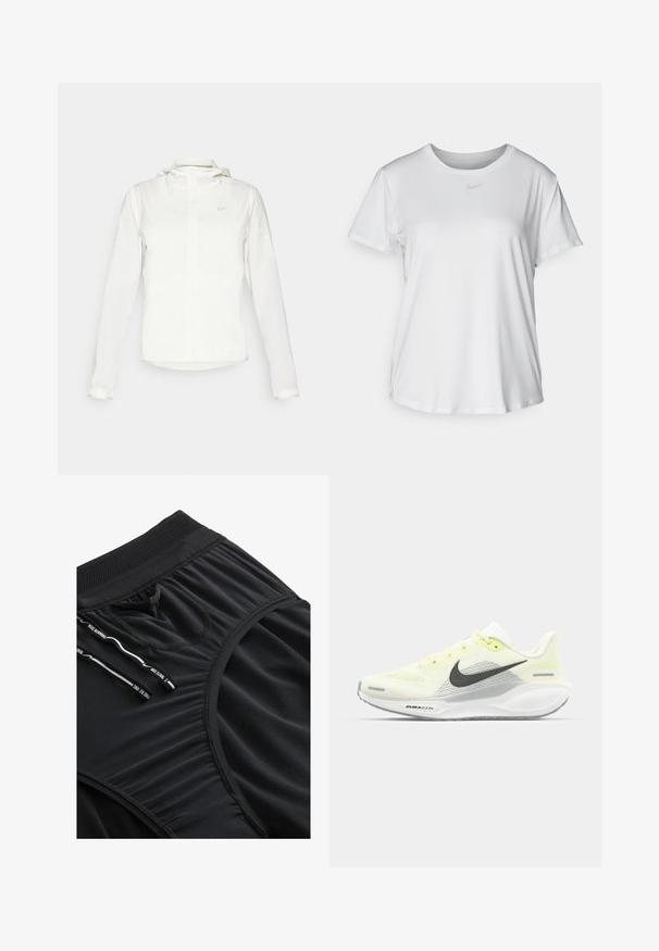 Witte Nike-jack met een capuchon, volledige rits, elastische manchetten en een subtiele logo op de borst. Gladde textuur en lichtgewicht ontwerp.; Witte T-shirt met korte mouwen van gladde stof, met een ronde halslijn en een klein grijs Nike-logo op de borst.; Zwarte sportshorts gemaakt van gladdige stof, met een structuur band, een trekkoord en subtiele plooidetails.; Nike hardloopschoenen met een lichtgele en witte mesh bovenkant, grijze accenten en een flexibele rubberen zool. Voorzien van een vetersluiting.