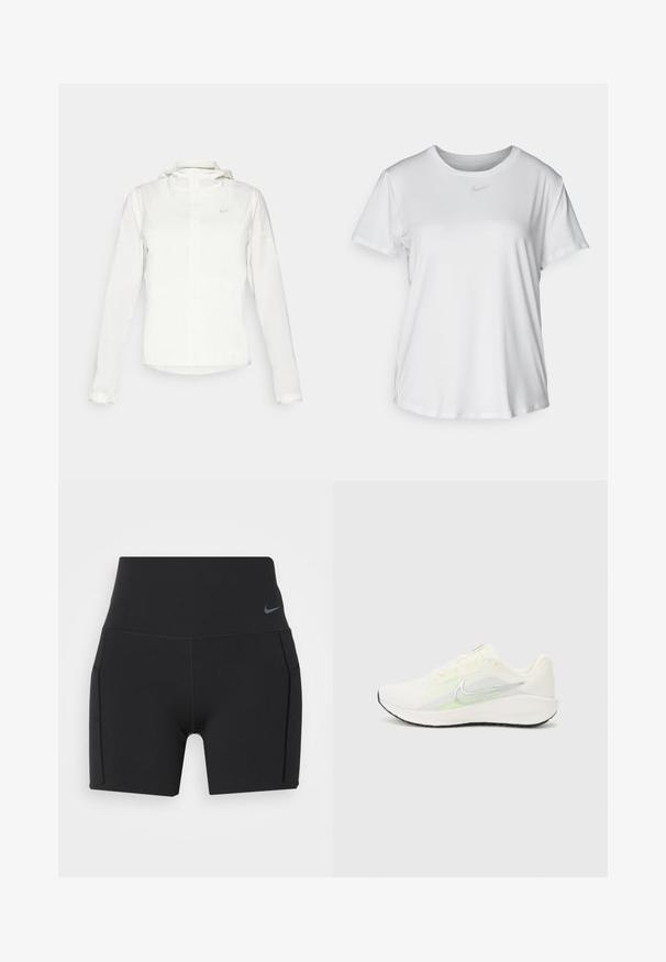 Giacca Nike bianca con cappuccio, zip completa, polsini elasticizzati e un logo discreto sul petto. Texture liscia e design leggero.; T-shirt bianco a maniche corte realizzato in tessuto liscio, con scollatura tonda e un piccolo logo grigio Nike sul petto.; Nike Performance UNIVERSA SHORT - Leggings - black; Nike Performance DOWNSHIFTER 13 - Scarpe da corsa su strada - sail/silver-coloured photon dust/summit white/barely volt/black