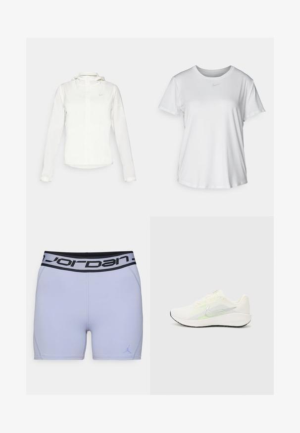 Bijela Nike jakna s kapuljačom, punim zatvaračem, elastičnim manžetama i suptilnim logotipom na prsima. Glatka textura i lagan dizajn.; Bijela majica kratkih rukava od glatkog materijala, s okruglim izrezom i malim sivim Nike logom na prsima.; Svijetloljubičaste atletske kratke hlače s crnim Jordan logom na elastičnom pojasu. Izrađene od glatkog, rastezljivog materijala, s ojačanim šavovima duž rubova.; Nike Performance DOWNSHIFTER 13 - Tenisice za cestovno trčanje - sail/silver-coloured photon dust/summit white/barely volt/black