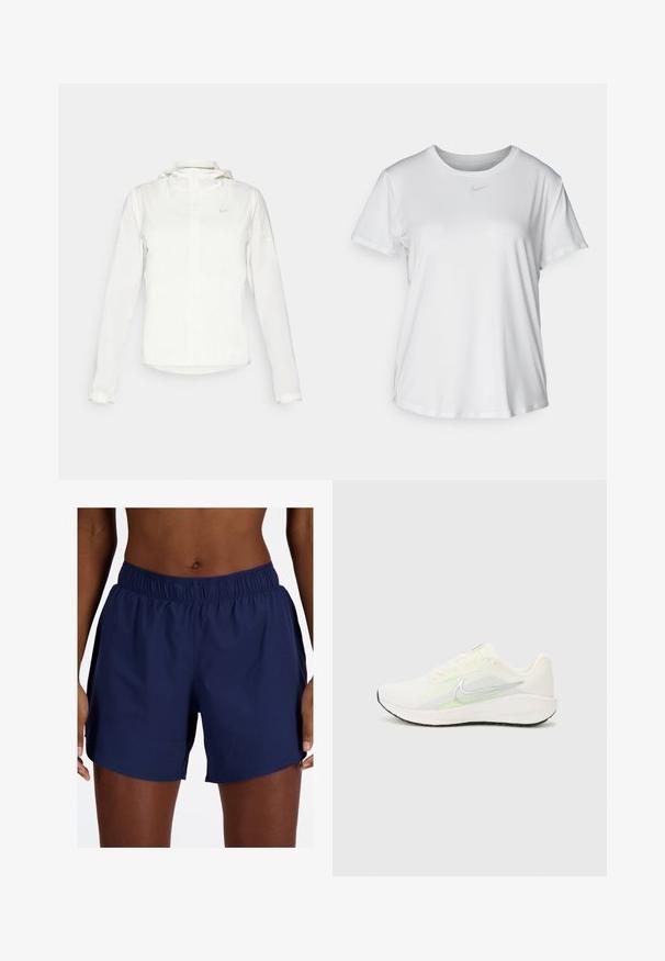 Weiße Nike-Jacke mit Kapuze, durchgehendem Reißverschluss, elastischen Bündchen und einem dezenten Logo auf der Brust. Glatte Textur und leichtes Design.; Weißes T-Shirt mit kurzen Ärmeln aus glattem Stoff, Rundhalsausschnitt und einem kleinen grauen Nike-Logo auf der Brust.; Marineblaue Sportshorts mit einem elastischen Bund, ausgestattet mit einem atmungsaktiven, strukturierten Stoff und seitlichen Schlitzen für verbesserte Beweglichkeit.; Nike Performance DOWNSHIFTER 13 - Laufschuh Straße - sail/silver-coloured photon dust/summit white/barely volt/black