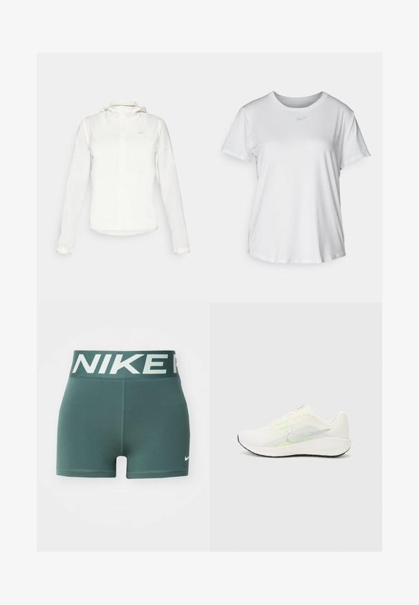 Bela Nike jakna s kapuco, polno zadrgo, elastičnimi manšetami in diskretnim logotipom na prsih. Gladka tekstura in lahko oblikovanje.; Bela kratka majica s kratkimi rokavi, izdelana iz gladkega blaga, z okroglim izrezom in majhnim sivim logotipom Nike na prsih.; Zelena športna kratka hlače z širokim elastičnim pasom, na katerem je v svetli barvi napis "NIKE", ter majhno belo logotip na spodnjem desnem delu noge.; Nike Performance DOWNSHIFTER 13 - Tekaški copati za cesto - sail/silver-coloured photon dust/summit white/barely volt/black