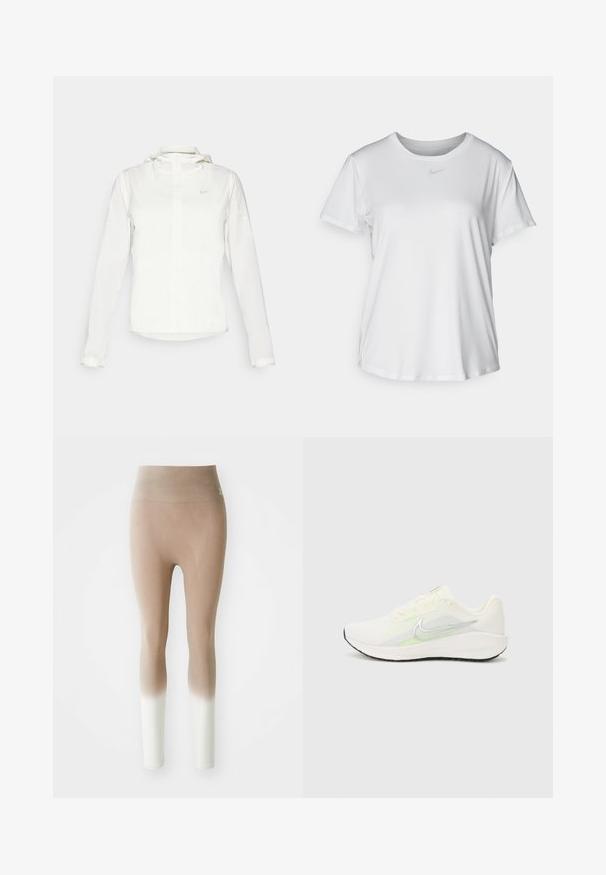 Bela Nike jakna s kapuco, polno zadrgo, elastičnimi manšetami in diskretnim logotipom na prsih. Gladka tekstura in lahko oblikovanje.; Bela kratka majica s kratkimi rokavi, izdelana iz gladkega blaga, z okroglim izrezom in majhnim sivim logotipom Nike na prsih.; Bež do bele ombre nepregledne legice z visokim pasom, prikazane na enotni beli podlagi.; Nike Performance DOWNSHIFTER 13 - Tekaški copati za cesto - sail/silver-coloured photon dust/summit white/barely volt/black