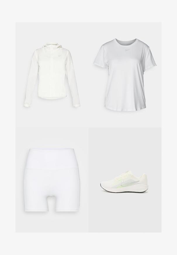 Biała kurtka Nike z kapturem, na zamek błyskawiczny, elastyczne mankiety i subtelne logo na piersi. Gładka tekstura i lekka konstrukcja.; Biała koszulka z krótkim rękawem, uszyta z gładkiego materiału, z okrągłym dekoltem i małym szarym logo Nike na piersi.; Białe szorty z wysokim stanem wykonane z elastycznej tkaniny. Charakteryzują się gładką teksturą i dopasowanym krojem, bez dodatkowych wzorów czy elementów metalowych.; Nike Performance DOWNSHIFTER 13 biały