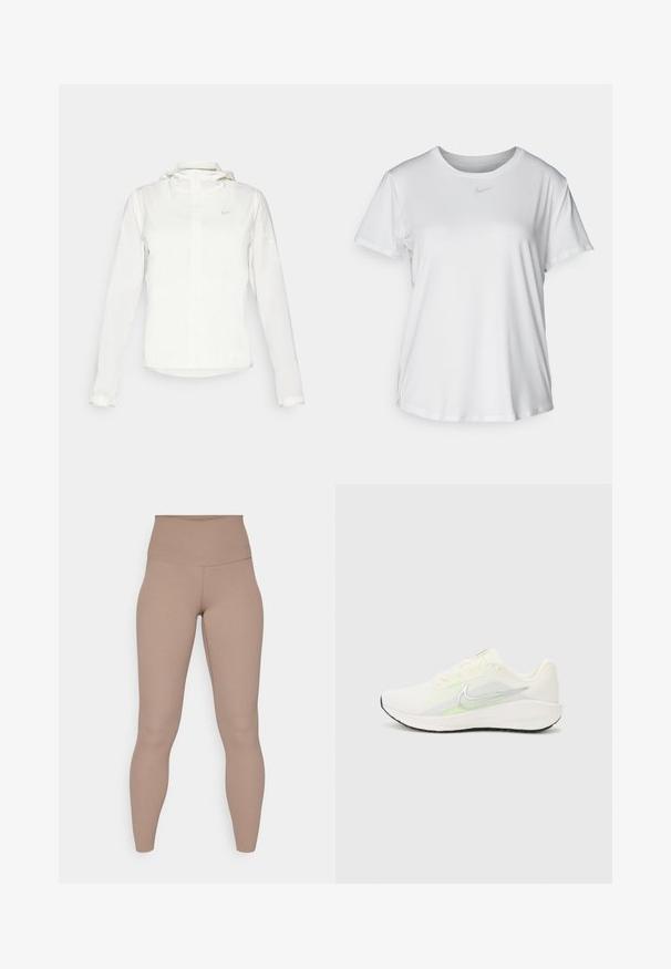 Biała kurtka Nike z kapturem, na zamek błyskawiczny, elastyczne mankiety i subtelne logo na piersi. Gładka tekstura i lekka konstrukcja.; Biała koszulka z krótkim rękawem, uszyta z gładkiego materiału, z okrągłym dekoltem i małym szarym logo Nike na piersi.; Beżowe legginsy sportowe z wysokim, gładkim pasem. Wykonane z elastycznej tkaniny, mają dopasowany krój, który sięga do kostek.; Nike Performance DOWNSHIFTER 13 biały