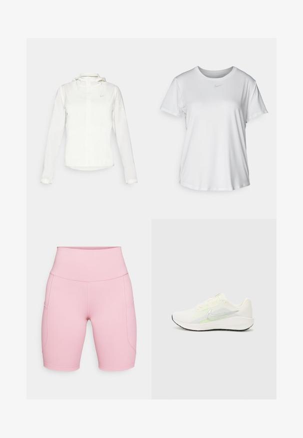 Giacca Nike bianca con cappuccio, zip completa, polsini elasticizzati e un logo discreto sul petto. Texture liscia e design leggero.; T-shirt bianco a maniche corte realizzato in tessuto liscio, con scollatura tonda e un piccolo logo grigio Nike sul petto.; Pantaloni shorts a vita alta di un rosa chiaro realizzati in tessuto elasticizzato, dotati di tasche laterali e dettagli di cucitura a contrasto. Texture liscia.; Nike Performance DOWNSHIFTER 13 - Scarpe da corsa su strada - sail/silver-coloured photon dust/summit white/barely volt/black