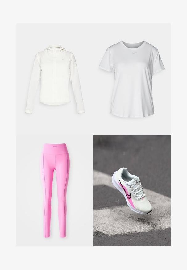 White Nike jacket with a hood, full zip, elastic cuffs, and a subtle logo on the chest. Smooth texture and lightweight design.; White short-sleeve T-shirt made of smooth fabric, featuring a round neckline and a small grey Nike logo on the chest.; Fitted pink leggings made of stretch fabric, featuring a high waistband and contrasting side stitching. Smooth texture and no visible patterns.; Lightweight running shoe in white mesh, featuring pink and black accents, raised heel, and textured sole, positioned mid-air above pavement.