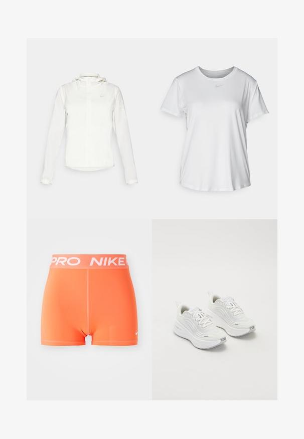 Veste blanche Nike avec capuche, fermeture éclair intégrale, poignets élastiques et un logo discret sur la poitrine. Texture lisse et design léger.; T-shirt blanc à manches courtes en tissu lisse, avec un col rond et un petit logo Nike gris sur la poitrine.; Shorts Nike Pro en orange vif. Fabriqués à partir d'un matériau lisse et extensible, avec un logo blanc et une inscription sur la ceinture. Présente un design minimaliste.; Baskets de sport blanches avec une tige en maille texturée, une semelle rembourrée et de subtils accents gris. Comprend un logo et une languette en boucle au talon pour un enfilage facile.