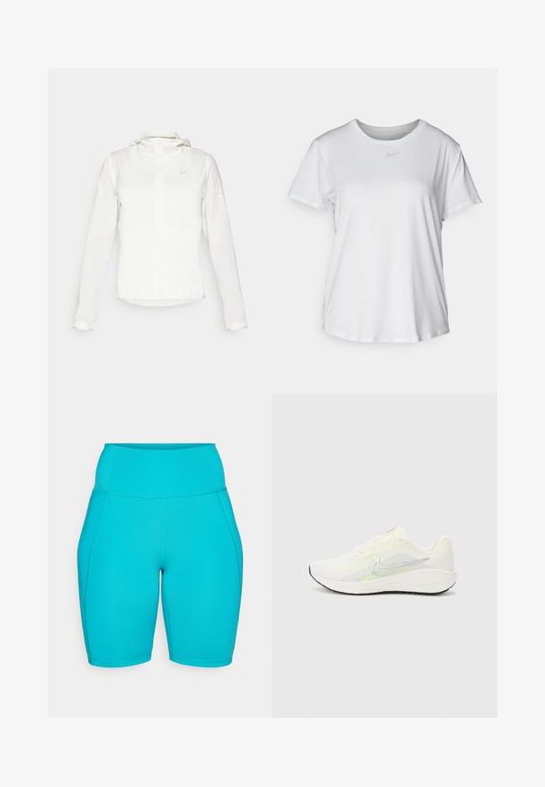 Vit Nike-jacka med huva, hel dragkedja, elastiska ärmslutar och en diskret logotyp på bröstet. Slät textur och lätt design.; Vit T-shirt med kort ärm tillverkad av slätt material, med rund halsringning och en liten grå Nike-logotyp på bröstet.; Akvablå högmidjade cykelbyxor i mjukt, elastiskt material, med sidosömmar och en åtsittande design för komfort och flexibilitet.; Nike Performance DOWNSHIFTER 13 - Väglöparskor - sail/silver-coloured photon dust/summit white/barely volt/black
