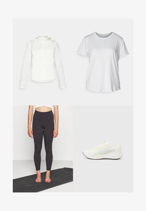 Witte Nike-jack met een capuchon, volledige rits, elastische manchetten en een subtiele logo op de borst. Gladde textuur en lichtgewicht ontwerp.; Witte T-shirt met korte mouwen van gladde stof, met een ronde halslijn en een klein grijs Nike-logo op de borst.; Hoge taille zwarte leggings van gladde, rekbare stof met een getailleerde pasvorm, eindigend bij de enkel. Combineer met een cropped top op een yogamat.; Nike Performance DOWNSHIFTER 13 - Hardloopschoenen voor op de weg - sail/silver-coloured photon dust/summit white/barely volt/black