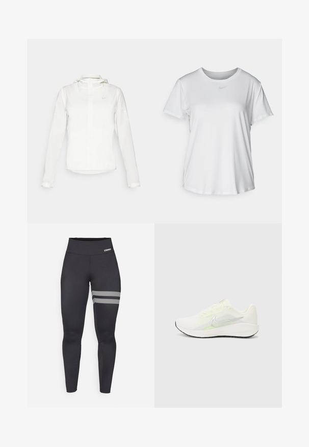 Chaqueta blanca de Nike con capucha, cremallera completa, puños elásticos y un logo sutil en el pecho. Textura suave y diseño ligero.; Camiseta blanca de manga corta hecha de tejido suave, con un escote redondo y un pequeño logo de Nike gris en el pecho.; Leggings deportivos de tiro alto en negro, con dos rayas diagonales blancas en el muslo derecho y un pequeño logo "STRONGER" en la cinturilla.; Nike Performance DOWNSHIFTER 13 - Zapatillas running asfalto - sail/silver-coloured photon dust/summit white/barely volt/black
