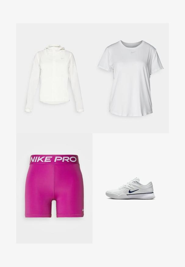 White Nike jacket with a hood, full zip, elastic cuffs, and a subtle logo on the chest. Smooth texture and lightweight design.; White short-sleeve T-shirt made of smooth fabric, featuring a round neckline and a small grey Nike logo on the chest.; Nike Performance SHORT - Leggings - hot fuchsia; White athletic shoe with a textured mesh upper, navy blue accents, and a cushioned sole featuring a patterned grip. Laces integrated into design.