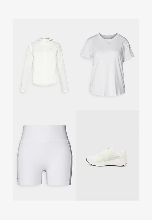 Veste blanche Nike avec capuche, fermeture éclair intégrale, poignets élastiques et un logo discret sur la poitrine. Texture lisse et design léger.; T-shirt blanc à manches courtes en tissu lisse, avec un col rond et un petit logo Nike gris sur la poitrine.; Shorts de sport blancs avec une taille haute, fabriqués en matière lisse et extensible. Présentent des coutures à plat et des poches latérales.; Nike Performance DOWNSHIFTER 13 - Chaussures de running sur route - sail/silver-coloured photon dust/summit white/barely volt/black