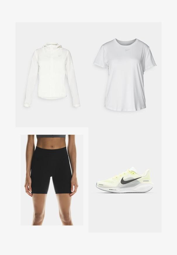 Veste blanche Nike avec capuche, fermeture éclair intégrale, poignets élastiques et un logo discret sur la poitrine. Texture lisse et design léger.; T-shirt blanc à manches courtes en tissu lisse, avec un col rond et un petit logo Nike gris sur la poitrine.; On PERFORMANCE - Collants de running - black; Baskets de course Nike avec une tige en mesh jaune clair et blanche, des accents gris et une semelle en caoutchouc flexible. Présentent un système de laçage.