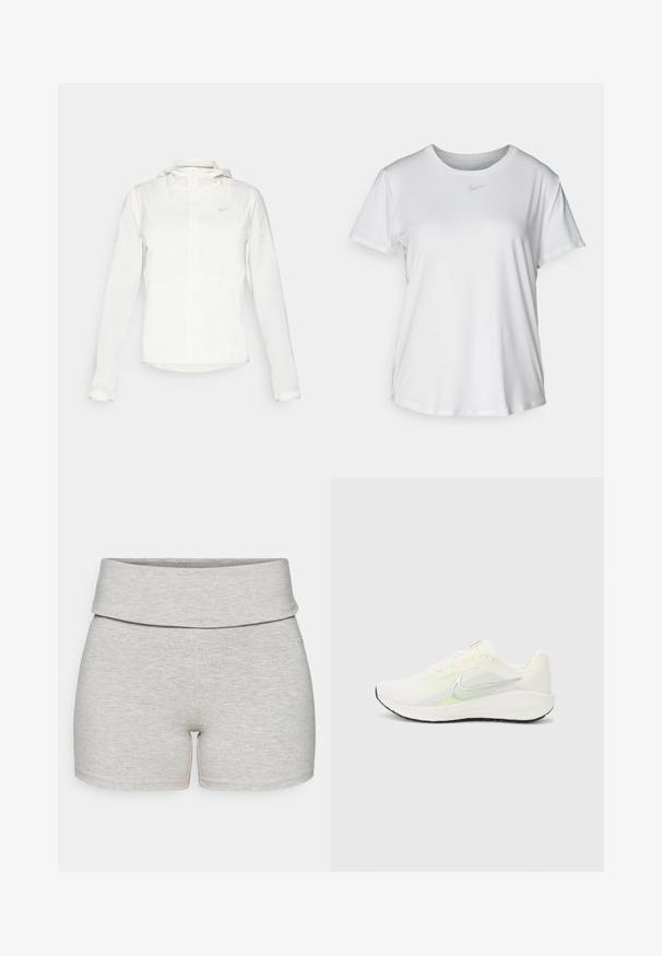 Fehér Nike dzseki kapucnival, teljes cipzárral, rugalmas mandzsettákkal és egy diszkrét logóval a mellkason. Sima textúrájú és könnyű kialakítású.; Fehér, rövid ujjú póló sima anyagból, kerek nyakkivágással és egy kis szürke Nike logóval a mellkason.; Világosszürke pamut rövidnadrág széles, hajtogatott derékpánttal. Simára szőtt textúra, testhezálló fazon, látható zsebek vagy további részletek nélkül.; Nike Performance DOWNSHIFTER 13 - Utcai futócipők - sail/silver-coloured photon dust/summit white/barely volt/black