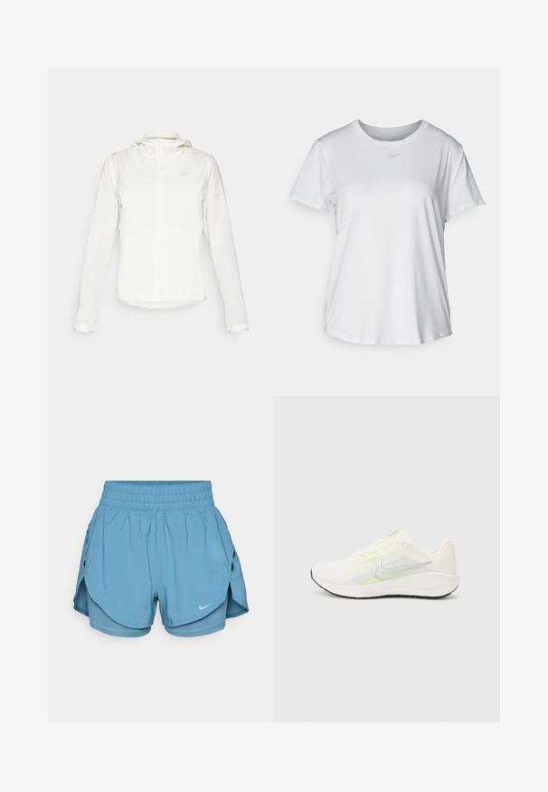 Chaqueta blanca de Nike con capucha, cremallera completa, puños elásticos y un logo sutil en el pecho. Textura suave y diseño ligero.; Camiseta blanca de manga corta hecha de tejido suave, con un escote redondo y un pequeño logo de Nike gris en el pecho.; Pantalones cortos Nike de color azul claro con cinturilla elástica, diseño en capas y aberturas laterales para ventilación. Presenta un pequeño detalle del logo en la parte frontal.; Nike Performance DOWNSHIFTER 13 - Zapatillas running asfalto - sail/silver-coloured photon dust/summit white/barely volt/black