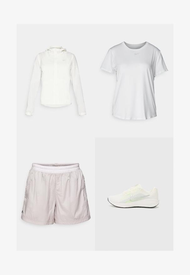 Valge Nike jakker, millel on kapuuts, täispikk tõmblukk, elastsed mansetid ja diskreetne logo rinnal. Sile tekstuur ja kerge disain.; Valge lühikeste varrukatega T-särk, mis on valmistatud siledast kangast, ümarate kaelustega ning mille rinnal on väike hall Nike logo.; Heledad hallhall shorts, mille halli, elastse vöökoha ja kergest kangast. Omab volditud tekstuuri ja väikest logo ees.; Nike Performance DOWNSHIFTER 13 - Maanteejooksu jalatsid - sail/silver-coloured photon dust/summit white/barely volt/black