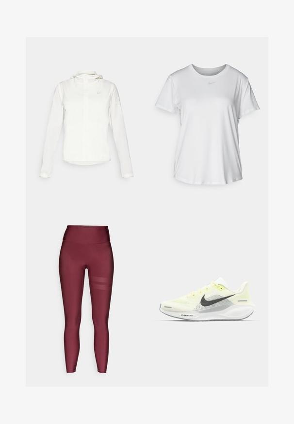Veste blanche Nike avec capuche, fermeture éclair intégrale, poignets élastiques et un logo discret sur la poitrine. Texture lisse et design léger.; T-shirt blanc à manches courtes en tissu lisse, avec un col rond et un petit logo Nike gris sur la poitrine.; Leggings bourgogne taille haute en full length, fabriqués dans un matériau lisse et extensible, avec des rayures en maille horizontales sur les côtés.; Baskets de course Nike avec une tige en mesh jaune clair et blanche, des accents gris et une semelle en caoutchouc flexible. Présentent un système de laçage.