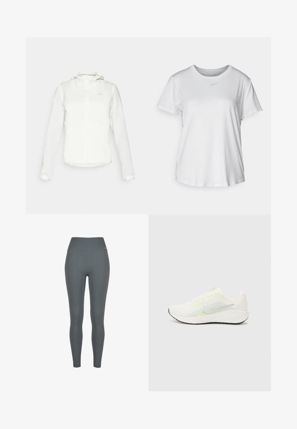 White Nike jacket with a hood, full zip, elastic cuffs, and a subtle logo on the chest. Smooth texture and lightweight design.; White short-sleeve T-shirt made of smooth fabric, featuring a round neckline and a small grey Nike logo on the chest.; Ribbed leggings in a dark grey color, featuring a high waistband, stretchy fabric, and a fitted design. No visible logos or patterns.; Nike Performance DOWNSHIFTER 13 - Road running shoes - sail/silver-coloured photon dust/summit white/barely volt/black