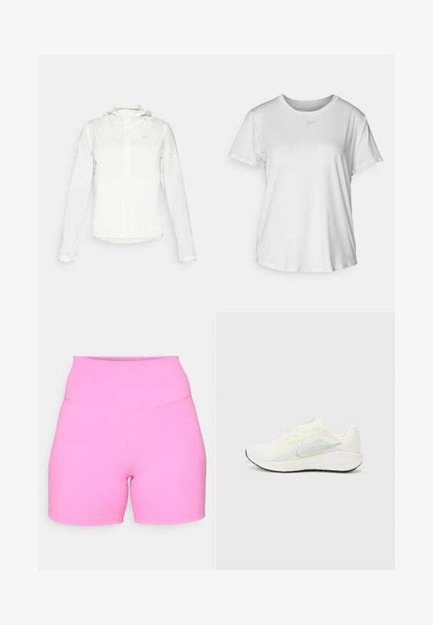 Bílá bunda Nike s kapucí, plným zipem, elastickými manžetami a decentním logem na hrudi. Hladká textura a lehký design.; Bílý krátký rukáv tričko z hladké tkaniny, s kulatým výstřihem a malým šedým logem Nike na hrudi.; Růžové šortky s vysokým pasem vyrobené z pružného materiálu, s hladkou texturou a krátkou délkou nohavic, s plochými švy pro pohodlí.; Nike Performance DOWNSHIFTER 13 - Silniční běžecké boty - sail/silver-coloured photon dust/summit white/barely volt/black