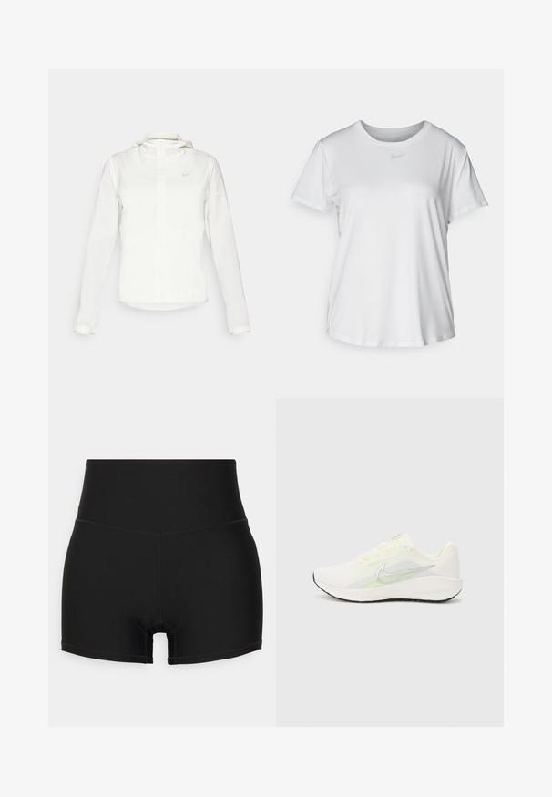 Bílá bunda Nike s kapucí, plným zipem, elastickými manžetami a decentním logem na hrudi. Hladká textura a lehký design.; Bílý krátký rukáv tričko z hladké tkaniny, s kulatým výstřihem a malým šedým logem Nike na hrudi.; Černé sportovní šortky s těsným střihem, hladkou texturou, vysokým pasem a detaily šití. Mají střih do poloviny stehna a žádné viditelné vzory.; Nike Performance DOWNSHIFTER 13 - Silniční běžecké boty - sail/silver-coloured photon dust/summit white/barely volt/black