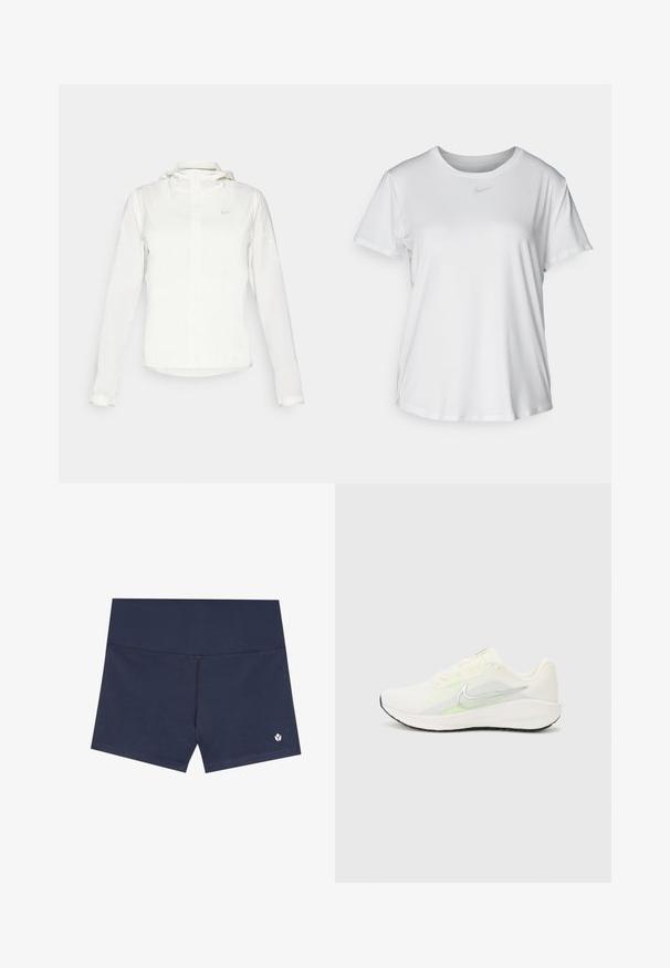 Witte Nike-jack met een capuchon, volledige rits, elastische manchetten en een subtiele logo op de borst. Gladde textuur en lichtgewicht ontwerp.; Witte T-shirt met korte mouwen van gladde stof, met een ronde halslijn en een klein grijs Nike-logo op de borst.; Marineblauwe zwemshorts van gladde stof, met een naadloos ontwerp, elastische tailleband en een klein logo aan de onderkant aan de rechterzijde.; Nike Performance DOWNSHIFTER 13 - Hardloopschoenen voor op de weg - sail/silver-coloured photon dust/summit white/barely volt/black