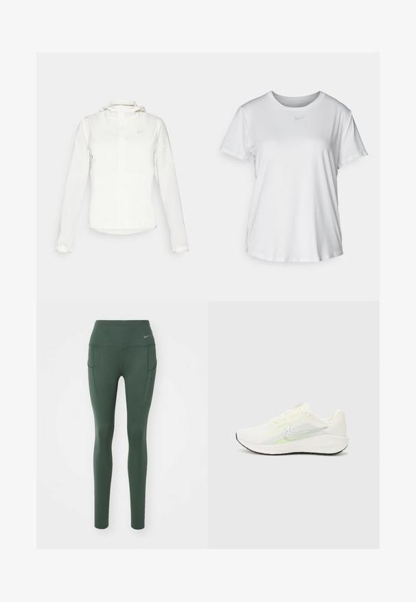 Giacca Nike bianca con cappuccio, zip completa, polsini elasticizzati e un logo discreto sul petto. Texture liscia e design leggero.; T-shirt bianco a maniche corte realizzato in tessuto liscio, con scollatura tonda e un piccolo logo grigio Nike sul petto.; Leggings sportivi verdi con una vita alta, due tasche laterali e un logo discreto sulla vita, realizzati in un tessuto liscio e elasticizzato.; Nike Performance DOWNSHIFTER 13 - Scarpe da corsa su strada - sail/silver-coloured photon dust/summit white/barely volt/black