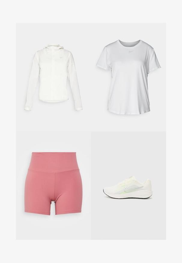 Bela Nike jakna s kapuco, polno zadrgo, elastičnimi manšetami in diskretnim logotipom na prsih. Gladka tekstura in lahko oblikovanje.; Bela kratka majica s kratkimi rokavi, izdelana iz gladkega blaga, z okroglim izrezom in majhnim sivim logotipom Nike na prsih.; Roza atletska kratka hlače z visokim pasom, izdelane iz gladkega, razteznega materiala. Opremljene so s ploskimi šivi in prilegajočim dizajnom.; Nike Performance DOWNSHIFTER 13 - Tekaški copati za cesto - sail/silver-coloured photon dust/summit white/barely volt/black