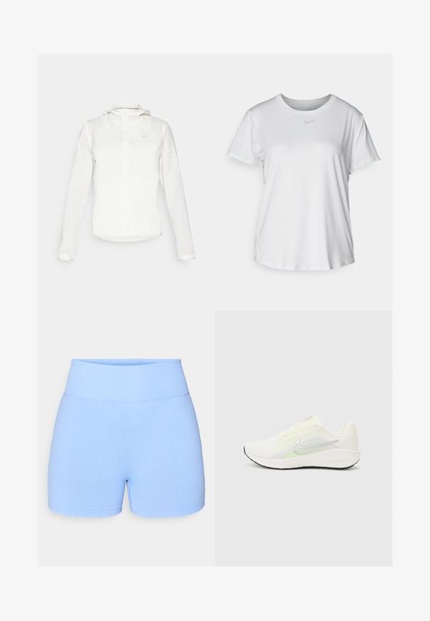 Hvid Nike-jakke med hætte, fuld lynlås, elastiske manchetter og et diskret logo på brystet. Glat tekstur og let design.; Hvid kortærmet T-shirt lavet af glat materiale, med en rund halsudskæring og et lille gråt Nike-logo på brystet.; Lyseblå shorts lavet af et blødt, strækbart stof. Har en bred, ribbet talje og et enkelt design uden synlige mønstre eller detaljer.; Nike Performance DOWNSHIFTER 13 - Løbesko til landevejen - sail/silver-coloured photon dust/summit white/barely volt/black