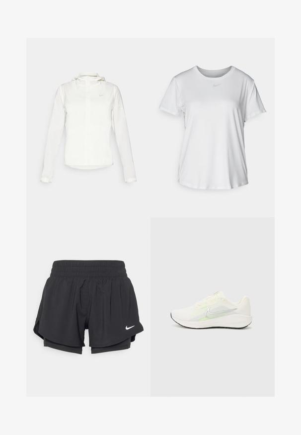 Valge Nike jakker, millel on kapuuts, täispikk tõmblukk, elastsed mansetid ja diskreetne logo rinnal. Sile tekstuur ja kerge disain.; Valge lühikeste varrukatega T-särk, mis on valmistatud siledast kangast, ümarate kaelustega ning mille rinnal on väike hall Nike logo.; Mustad mustad lühikesed püksid, millel on elastne vöökoht, sisemine vooder ja külgsuud. Vasakul esiküljel on valge Nike logo.; Nike Performance DOWNSHIFTER 13 - Maanteejooksu jalatsid - sail/silver-coloured photon dust/summit white/barely volt/black