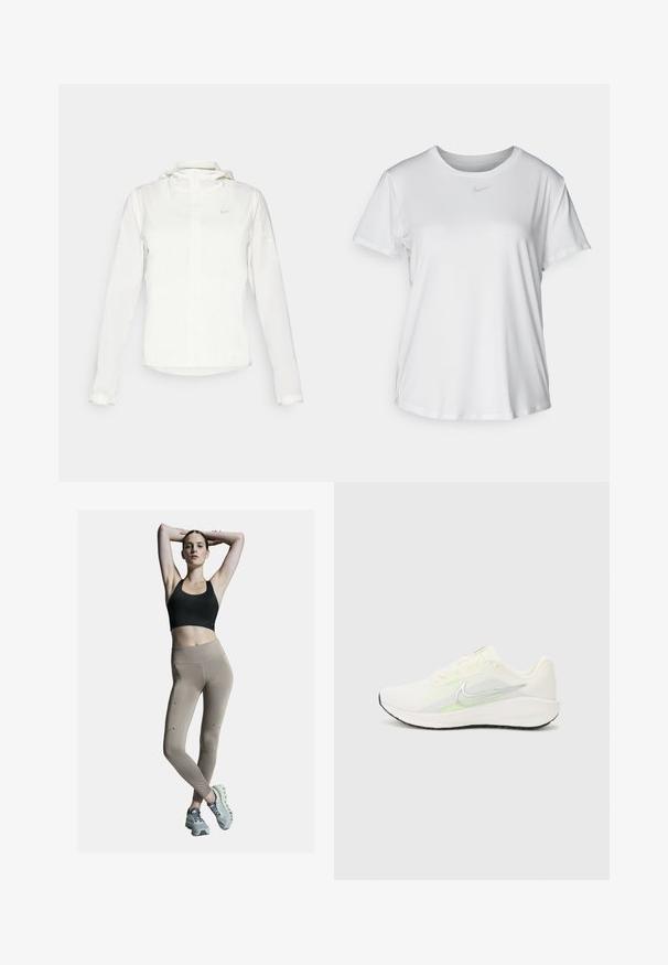 White Nike jacket with a hood, full zip, elastic cuffs, and a subtle logo on the chest. Smooth texture and lightweight design.; White short-sleeve T-shirt made of smooth fabric, featuring a round neckline and a small grey Nike logo on the chest.; Black sports bra and beige high-waisted leggings, featuring side seams and accents. Model wears light gray athletic shoes with a cushioned sole.; Nike Performance DOWNSHIFTER 13 - Road running shoes - sail/silver-coloured photon dust/summit white/barely volt/black