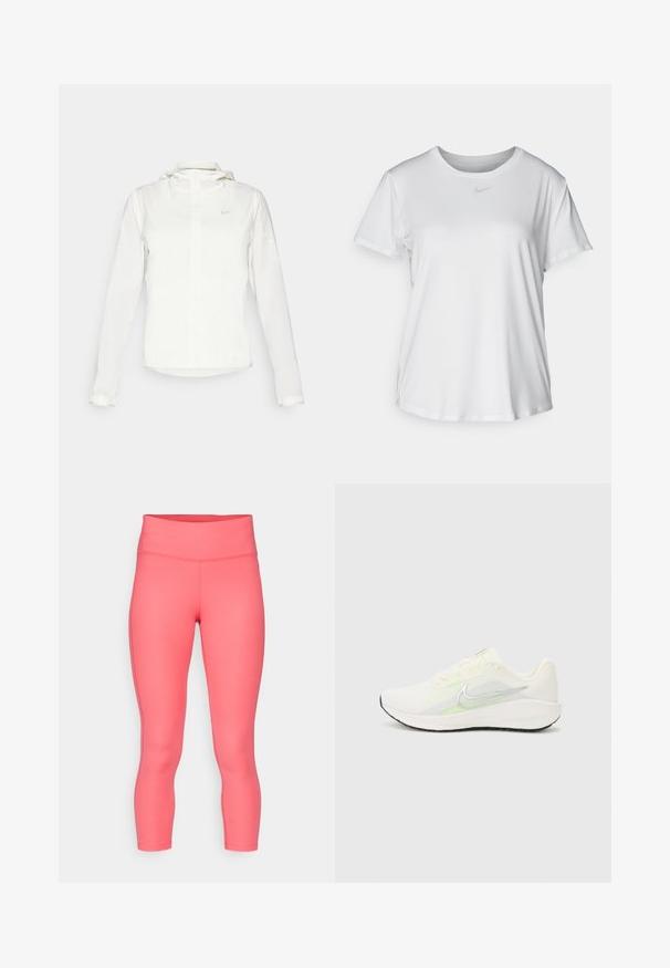 White Nike jacket with a hood, full zip, elastic cuffs, and a subtle logo on the chest. Smooth texture and lightweight design.; White short-sleeve T-shirt made of smooth fabric, featuring a round neckline and a small grey Nike logo on the chest.; Nike Performance FAST CROP - Leggings - aster pink/reflective silver; Nike Performance DOWNSHIFTER 13 - Road running shoes - sail/silver-coloured photon dust/summit white/barely volt/black