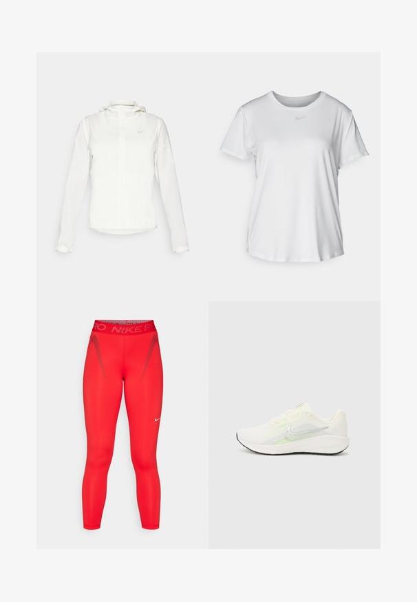 Veste blanche Nike avec capuche, fermeture éclair intégrale, poignets élastiques et un logo discret sur la poitrine. Texture lisse et design léger.; T-shirt blanc à manches courtes en tissu lisse, avec un col rond et un petit logo Nike gris sur la poitrine.; Leggings de sport rouges en tissu extensible. Comprend une taille haute, des accents réfléchissants, et un logo Nike sur la jambe inférieure.; Nike Performance DOWNSHIFTER 13 - Chaussures de running sur route - sail/silver-coloured photon dust/summit white/barely volt/black